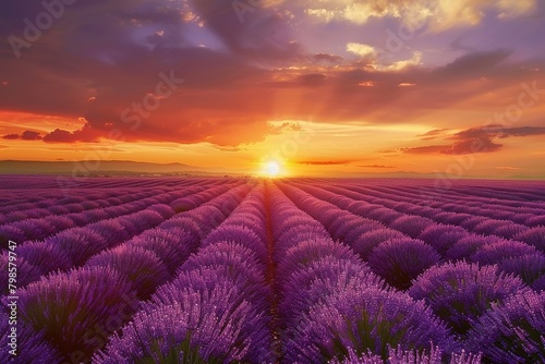 A field of lavender under a sunset sky  the horizon ablaze with colors. The lavender rows create a leading line towards the setting sun  evoking a sense of peace and natural beauty