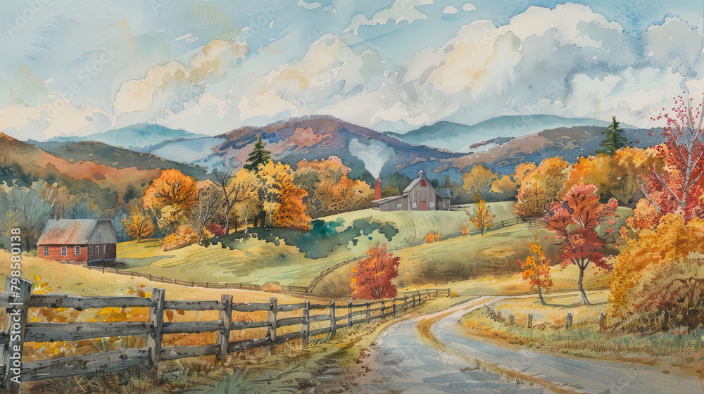 A watercolor painting of an autumn landscape with a red barn and a white house. The trees are in full foliage and the leaves are turning red, orange, and yellow. There is a fence in the foreground and