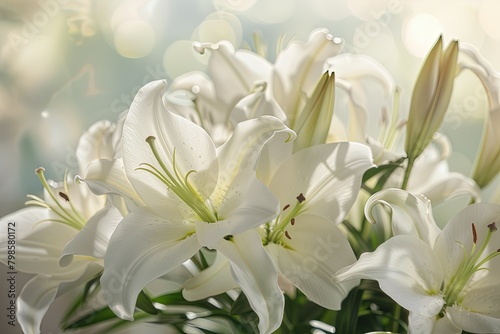 A solemn yet beautiful arrangement of white lilies at a funeral, conveying respect and remembrance
