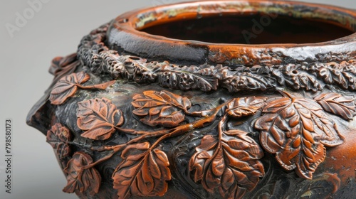 The rustic textured surface of a coilbuilt pot adorned with natural motifs like leaves and branches.. photo