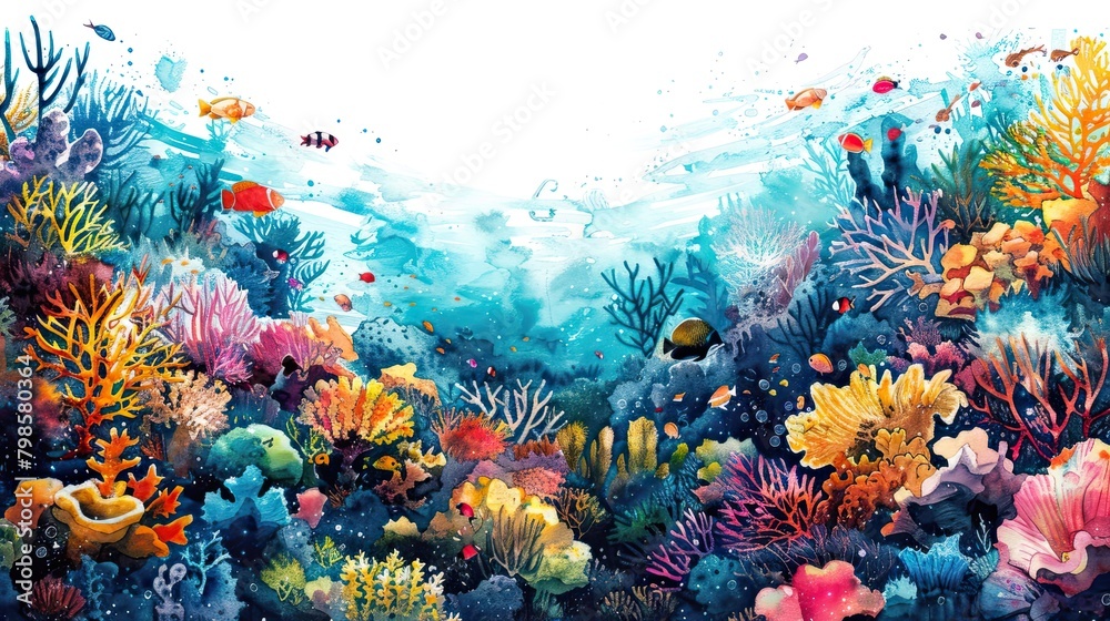 A watercolor painting of a coral reef with many different types of fish and coral.