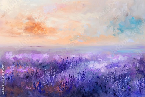 An abstract, impressionist painting of a lavender field at dawn. The sky is a blend of soft pastels, with the first light of day casting a warm glow over the sea of purple © stardadw007
