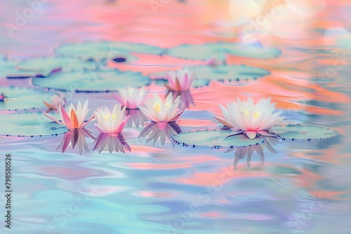 A whimsical scene of mixed lilies floating in a tranquil pond during a sunset  reflecting the sky s pastel colors