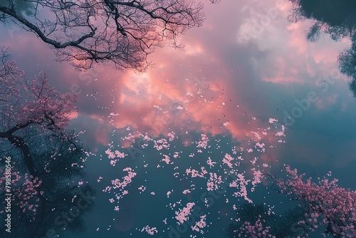 An aerial photograph of cherry blossoms surrounding a serene lake, viewed at twilight