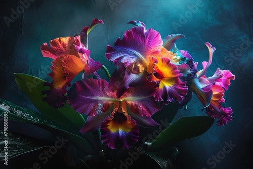 An artistic composition of Cattleya orchids, with petals that shimmer in jewel tones, set against a dark, moody background that suggests luxury and mystery