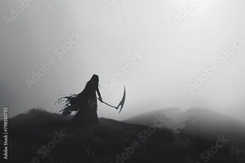 A single battle scythe, its silhouette sharp against the backdrop of white, a silent observer in the night. photo