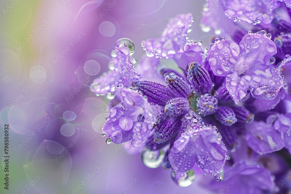 A close-up artistic rendering of a lavender bouquet, with water droplets glistening on the petals and leaves A close-up artistic rendering of a lavender bouquet, with water droplets glistening on the petals and leaves