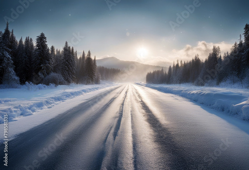 snowy wintry ice road winter snow sunrise sunset forest path asphalt transportation car landscape rural scenic frost glac? sky lane blue wood cold nature travel tree scene way highway location