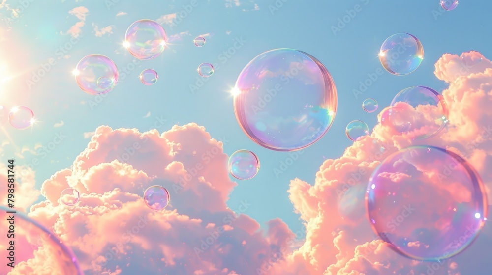Pastel-colored clouds and rainbow-hued soap bubbles make up the background, dancing in the sky.