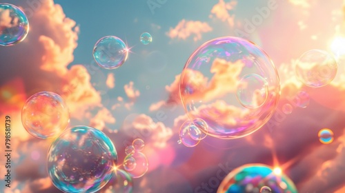 Pastel clouds and soap bubbles with rainbow hues create the background in the sky. © Praphan