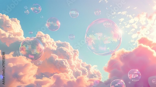 Clouds painted in pastel shades and rainbow-colored soap bubbles float in the sky as a background