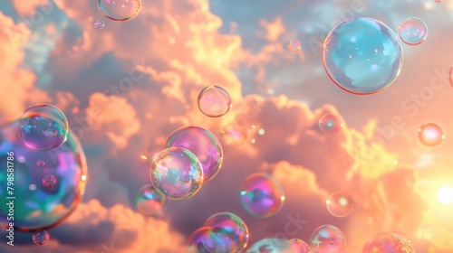 In the sky, pastel-colored clouds mix with soap bubbles in rainbow shades to form the background.