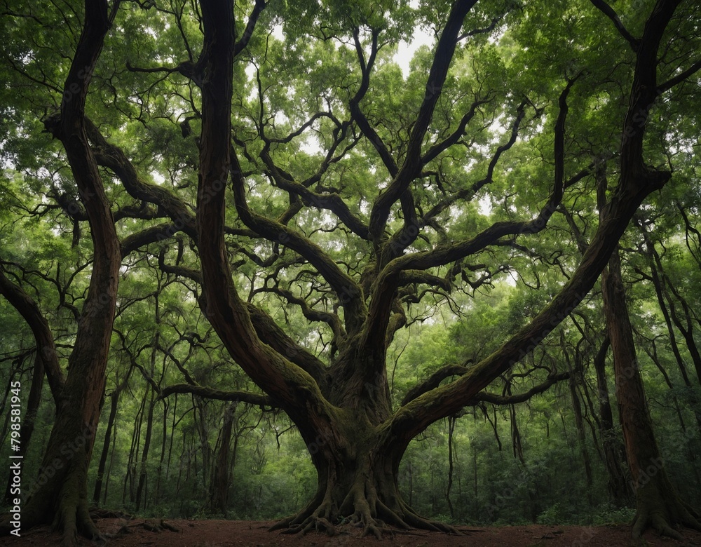 A heart-shaped tree canopy formed by intertwining branches in a forest. A heart-shaped tree canopy formed by intertwining branches in a forest.