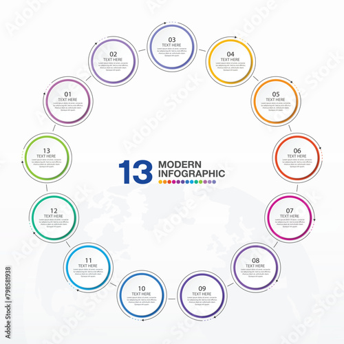 Modern circle infographic with 13 steps, process or options.