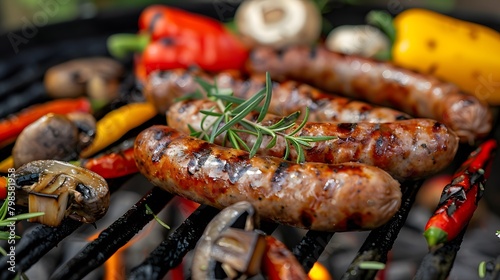 Sausages on the grill with vegetables and herbs. black metal barbecue grid background. for an evening party or family gathering in summer.