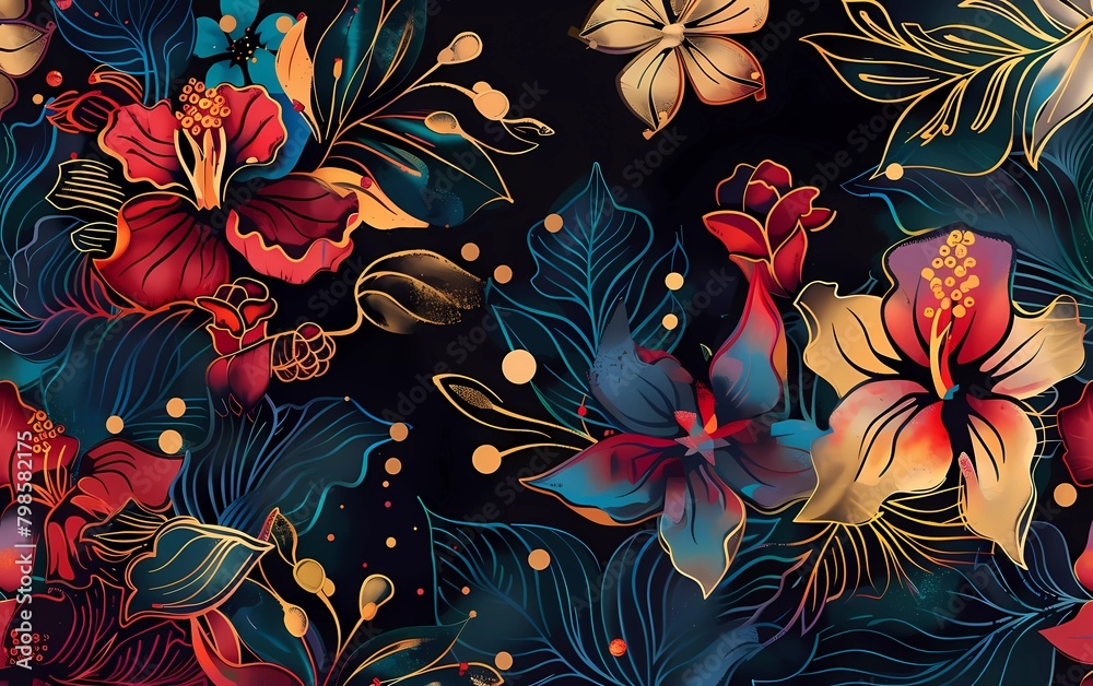 abstract solid batik flower arrangement in medium colors, all over vector textile design and carpet on black background abstract solid batik flower arrangement in medium colors, all over vector textile design and carpet on black background
