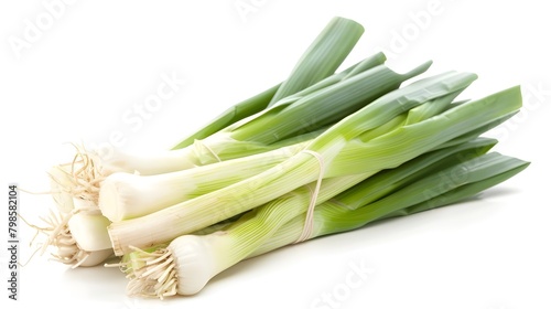 A bunch of fresh green onions (sometimes called shallots or scallions), isolated on white, Spring onions on a white background ai generated 