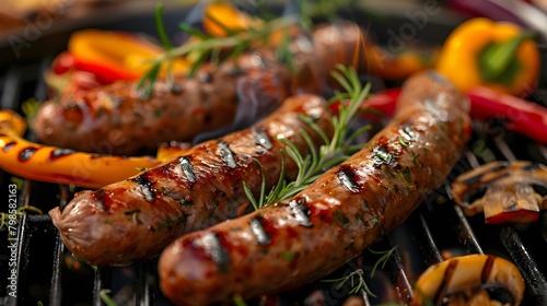 Sausages on the grill with vegetables and herbs. black metal barbecue grid background. for an evening party or family gathering in summer.