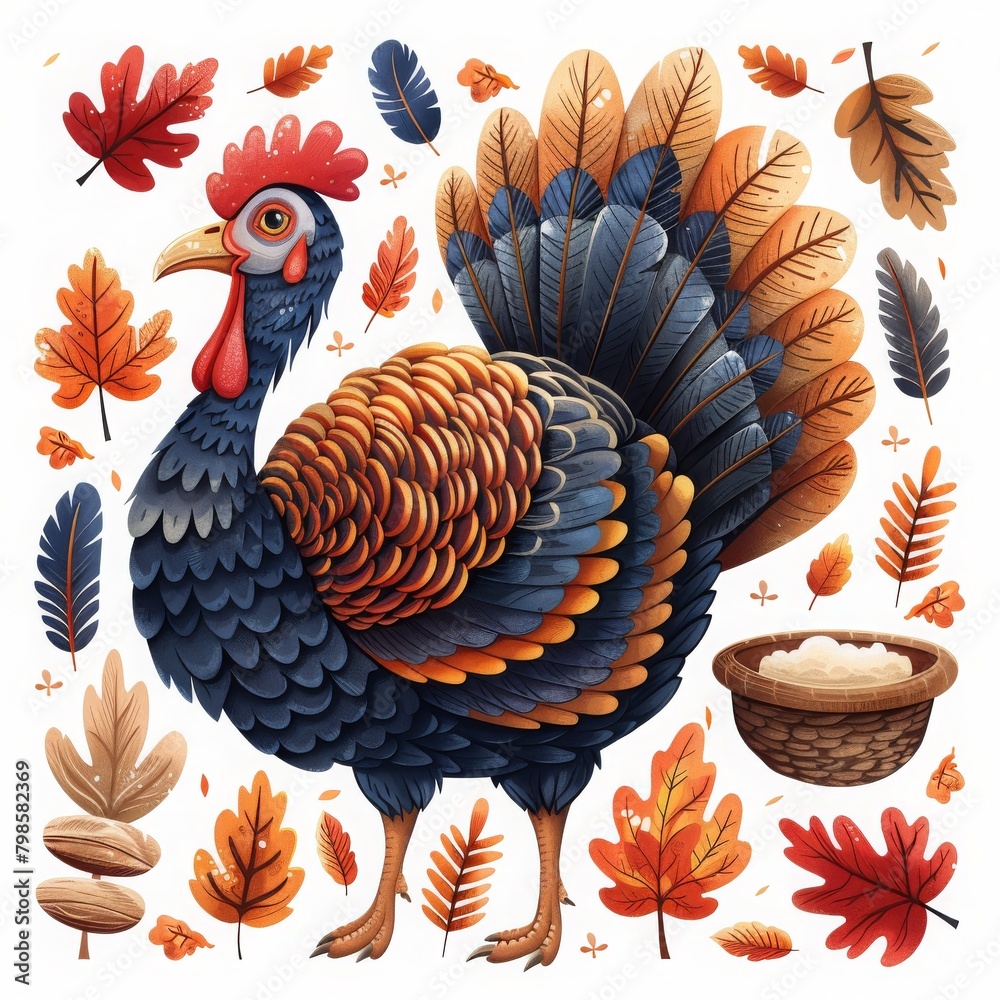 A vibrantly colored turkey illustration surrounded by autumn leaves and a basket of harvest, symbolizing Thanksgiving celebration. - obrazy, fototapety, plakaty 