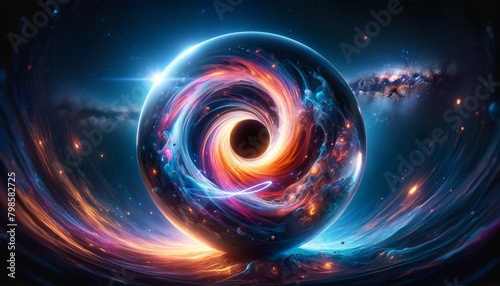 A colorful, swirling galaxy with a black hole in the center