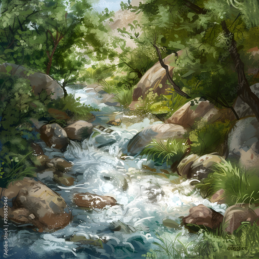 Flowing of water in the river , Natural Scene concept illustration. - obrazy, fototapety, plakaty 