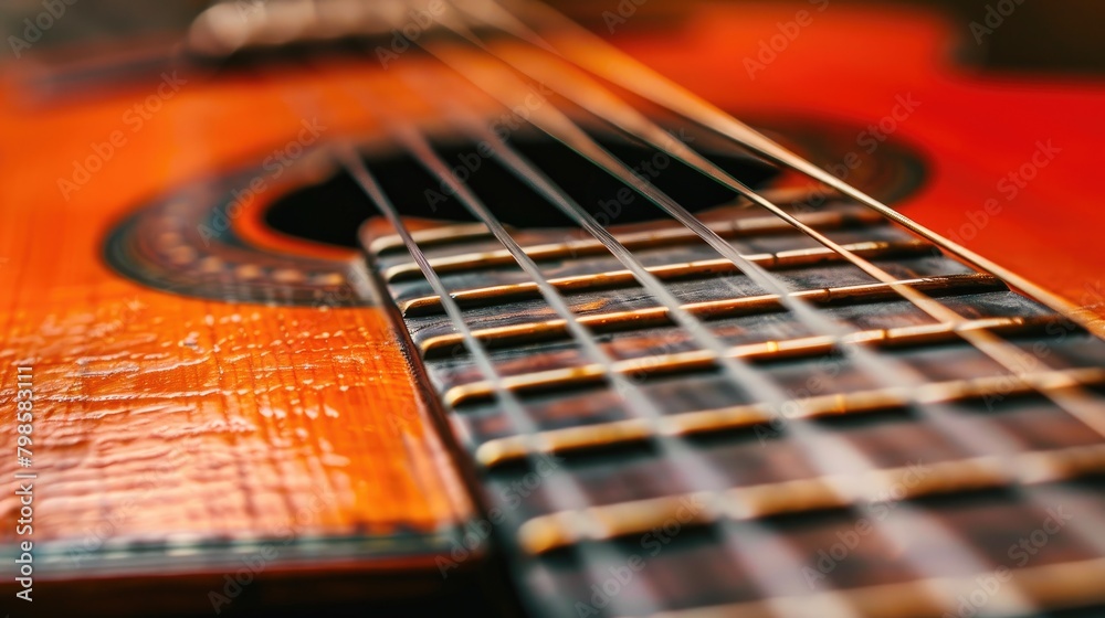 Close up of classical guitar neck and frets Close up of classical guitar neck and frets