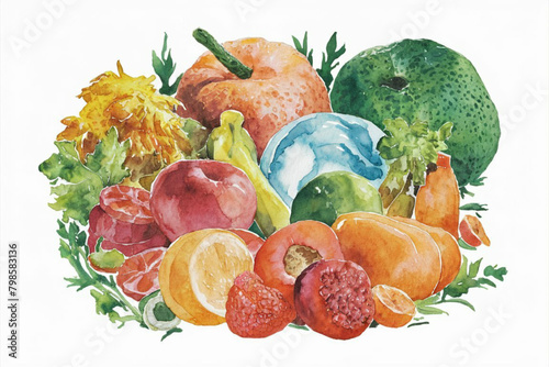 Watercolor vegetables and fruits on white background, vegetables and fruits 
