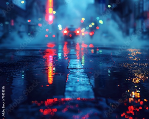 Wet asphalt, reflection of neon lights, a searchlight, smoke Abstract light in a dark empty street with smoke, smog Dark background scene of empty street, night view, night city photo