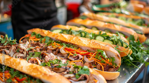 A mouthwatering display of freshly made Vietnamese banh mi sandwiches, piled high with sliced meats, pickled vegetables, and fresh herbs, served from a street food stall