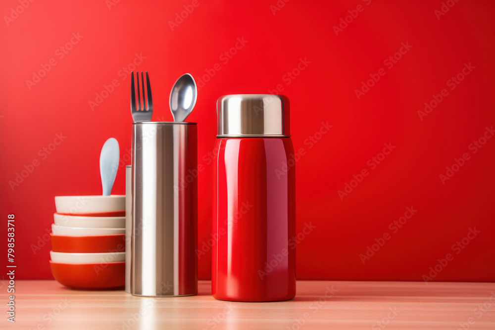 various kitchen utensils on red background various kitchen utensils on red background