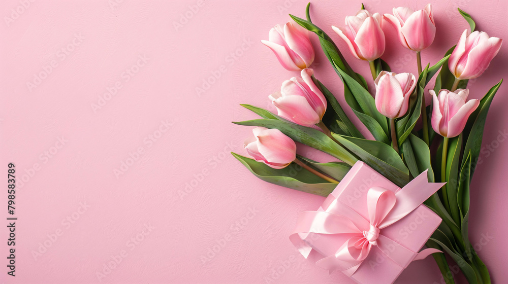 Romantic Mother's Day Gift: Tulip Bouquet in a Pink Background Romantic Mother's Day Gift: Tulip Bouquet in a Pink Background