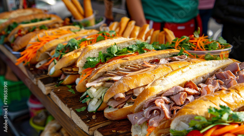 A mouthwatering display of freshly made Vietnamese banh mi sandwiches, piled high with sliced meats, pickled vegetables, and fresh herbs, served from a street food stall © Sajawal