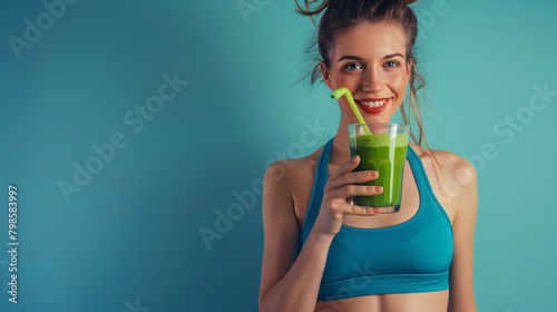Refreshing Fitness: Happy Athletic Trainer Enjoying Green Smoothie in Selfie Lifestyle