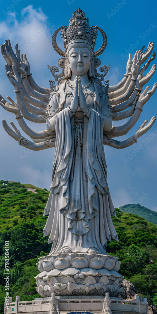 Obraz premium Glorious Guanyin: Majestic Chinese Statue with Divine Light and Serene Mountain Background