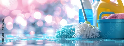 Cleaning products, bucket, mop, rags for cleaning. Blurred background. photo