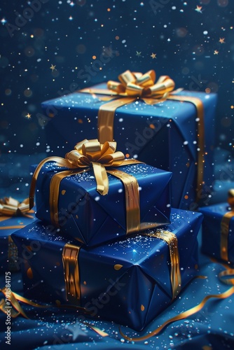 illustration of blue gifts with golden bows and ribbons placed on blue background near stars