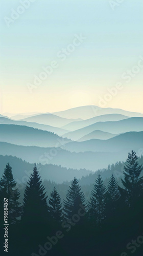 Misty Morning Harmony: Sunrise over Serene Forest - Flat Vector Illustration
