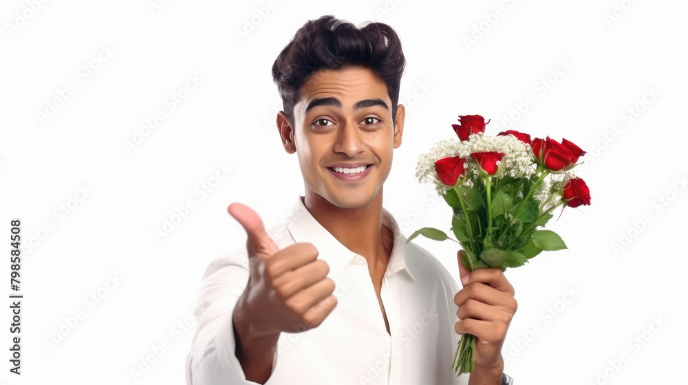 young indian man holding bouquet of roses flower young indian man holding bouquet of roses flower