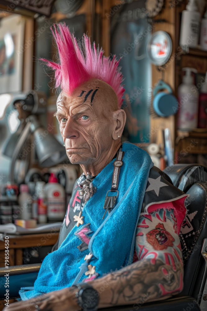 elderly punk at hairdresser elderly punk at hairdresser