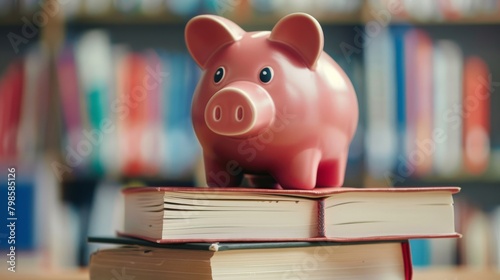 A piggy bank sitting on a stack of textbooks, symbolizing education savings