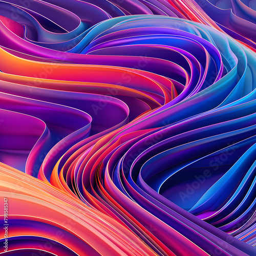 Abstract dynamic and modern illustration of colored lines that are folded into wave, executed in blue, orange, purple and pink colors