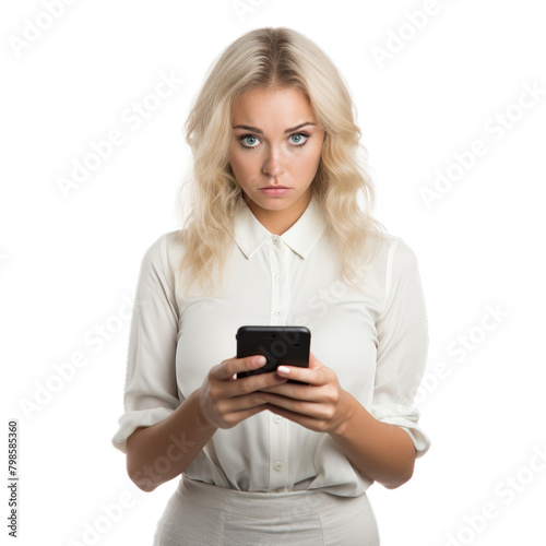 Portrait of a young business woman using mobile phone, isolated on transparent background