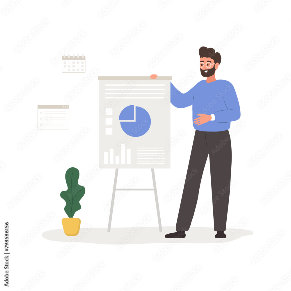 Male entrepreneur. Successful man presenting research report and develops strategy for progress. Data analysis and optimization. Business expert. Vector illustration in flat cartoon style. Male entrepreneur. Successful man presenting research report and develops strategy for progress. Data analysis and optimization. Business expert. Vector illustration in flat cartoon style.
