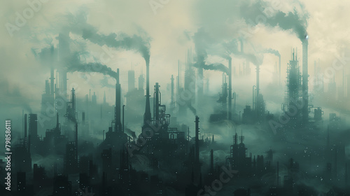 A cityscape tainted by pollution  an industrial plant emitting smog  and the resulting harm to the environment. A problem within the industrial domain exacerbating planetary pollution