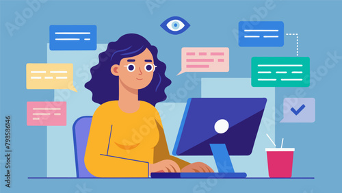 A woman with aphasia uses a computer with eyetracking technology to type out her thoughts and send emails to her friends and family.. Vector illustration