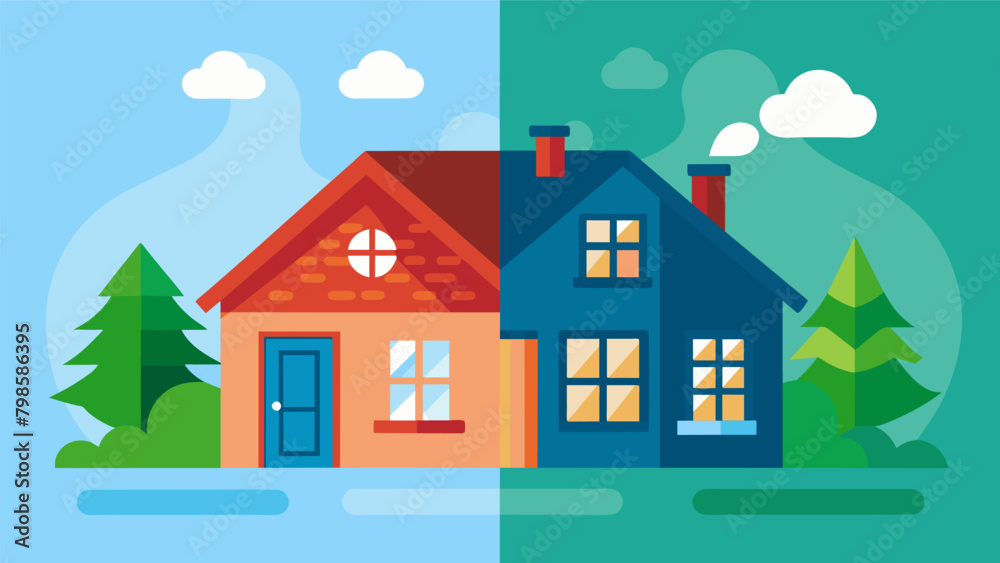 A before and after image of a house with old drafty windows and then with new energyefficient windows demonstrating their impact on heating and