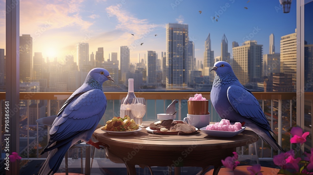 Stylish urban pigeons enjoying mocktail hour on a trendy outdoor terrace, with skyscrapers towering in the background. - obrazy, fototapety, plakaty 