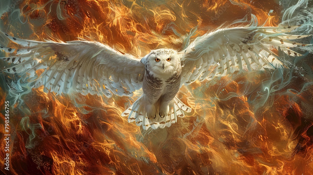 Majestic Snowy Owl Soaring over Fiery Inferno – A Mesmerizing Contrast. - obrazy, fototapety, plakaty 
