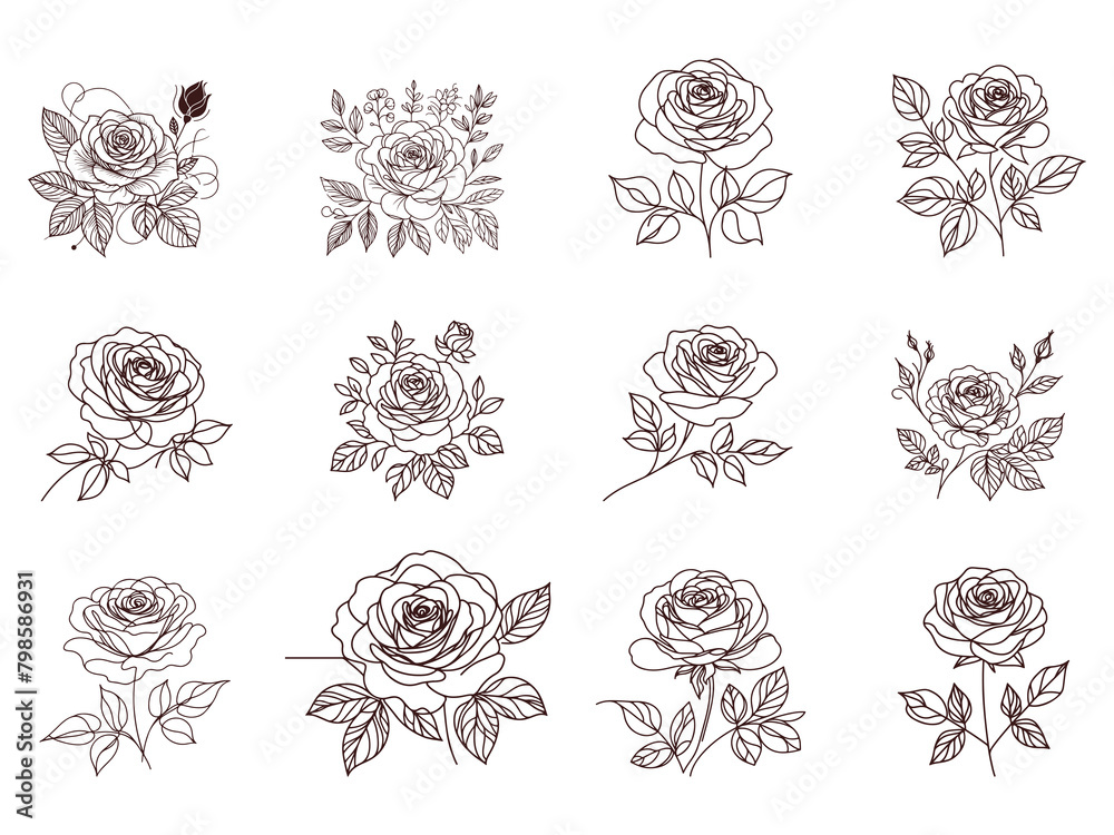 Decorative rose with leaves icon set. vector illustration.
