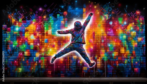 Craft a pixel art masterpiece capturing the fusion of various dance forms and graffiti street art using vibrant colors and innovative lighting techniques photo